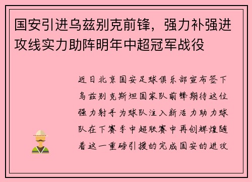 国安引进乌兹别克前锋，强力补强进攻线实力助阵明年中超冠军战役