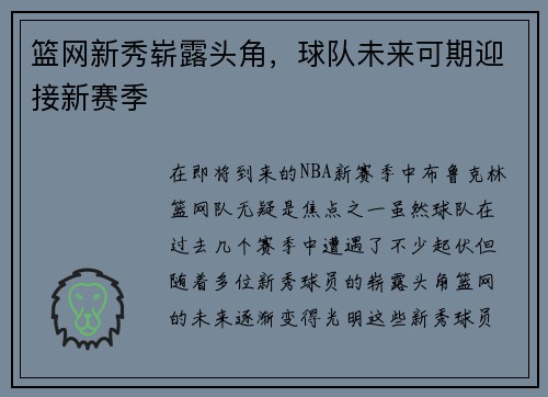篮网新秀崭露头角，球队未来可期迎接新赛季