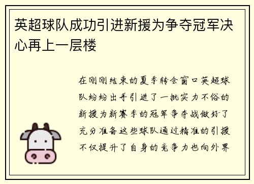 英超球队成功引进新援为争夺冠军决心再上一层楼